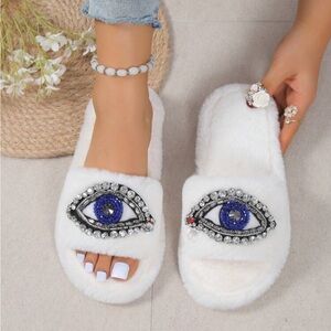 Bejeweled Evil Eye Slippers, Evil Eye Fuzzy Slippers